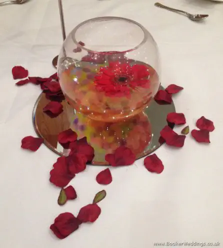 Gerbera Fishbowl and Rose Petals Reception Table Centrepiece