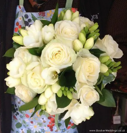All White Rose and Freesia Brides Bouquet