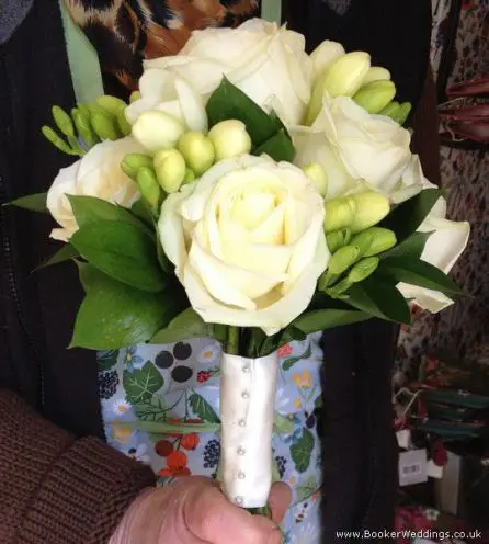 All White Rose and Freesia Bridesmaid Bouquet Side View