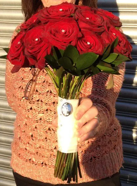 Brides Bouquet of Red Grand Prix Roses and Diamantes - Side