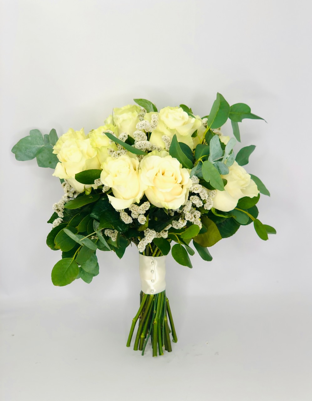 White Rose and Eucalyptus Classic Bridal Bouquet