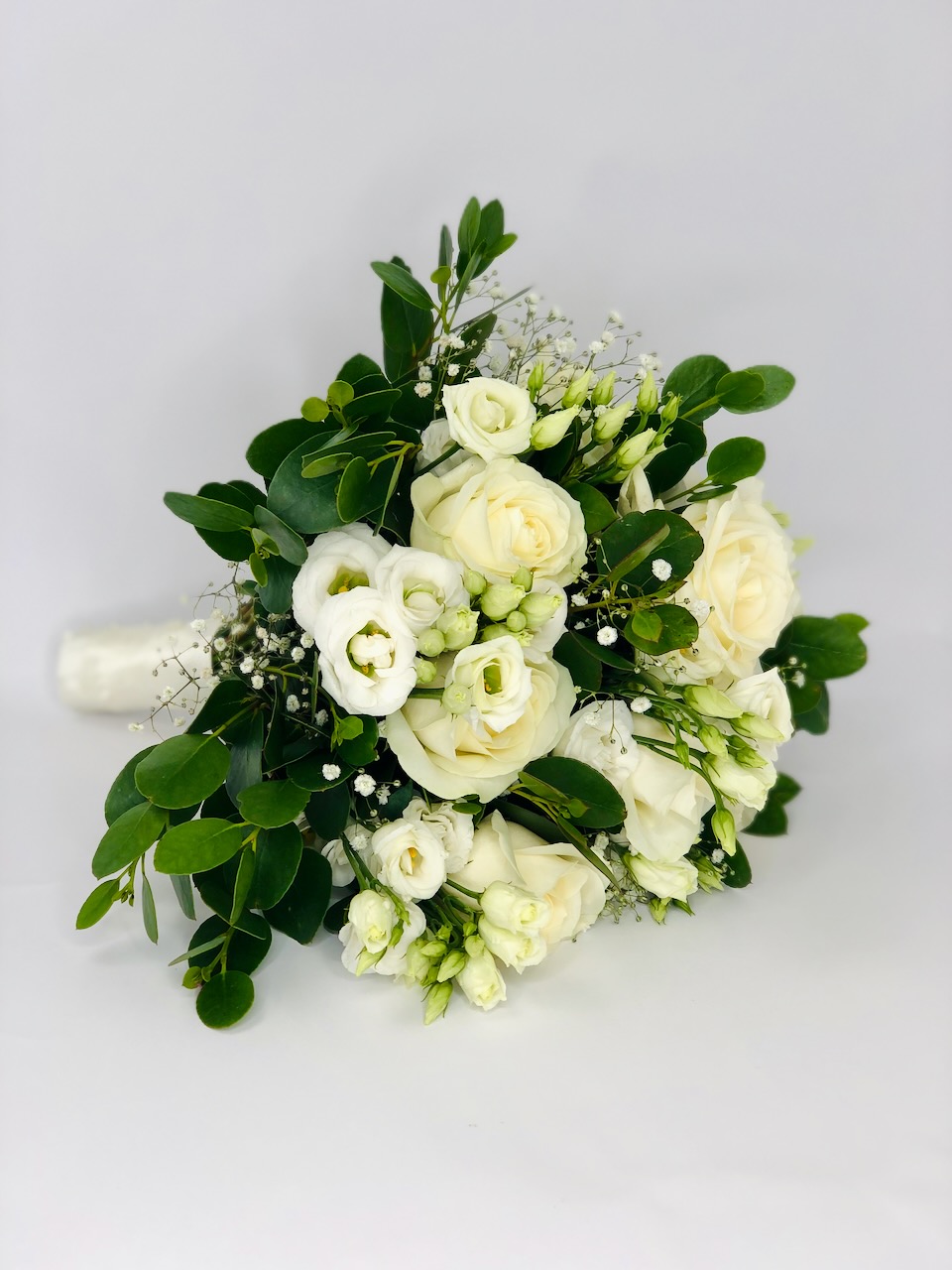 White and Green Brides Bouquet with Full Satin Handle