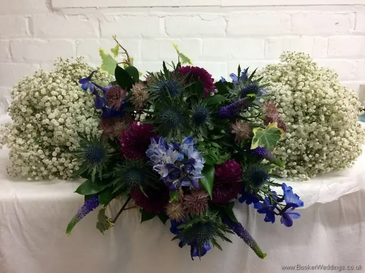 Blue & purple wild, rustic, country style bouquet with gypsophila bridesmaid bouquets to match