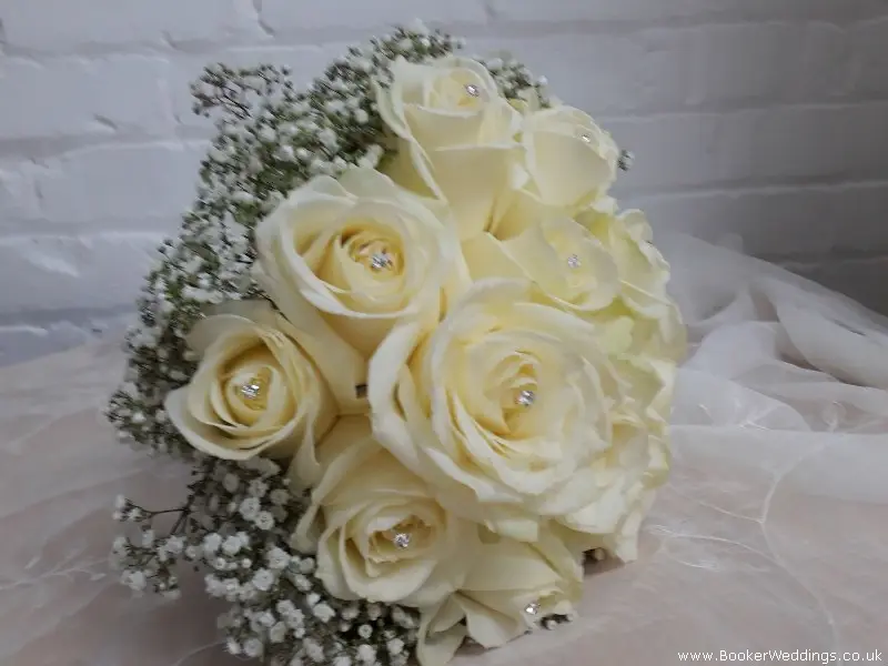Bride Bouquet White Roses and Gypsophilia Handtied with Diamante in the Roses