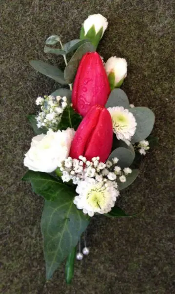 Red Tulip and white flower Corsage
