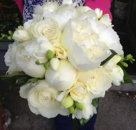 White Rose Peony and Freesia Brides Bouquet Front