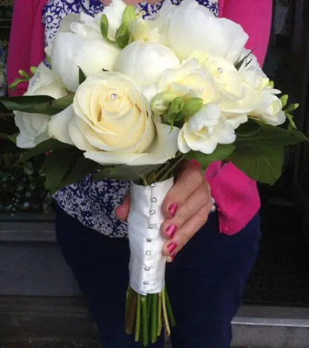 White Rose Peony and Freesia Brides Bouquet Side