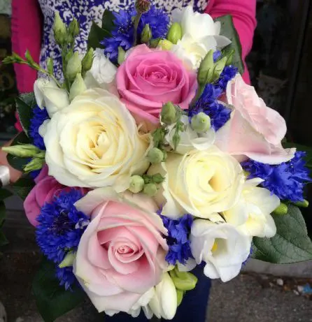 White and Pink Rose and Blue Bridesmaid Bouquet Front
