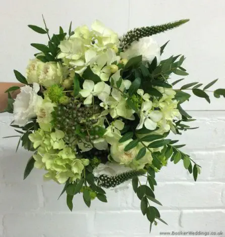 Ivory and Greenery Just Picked Wild Wedding Hand-tied Bridesmaid Bouquet with Spray Roses, Hypericum, Lissianthus, Hydrangea, Burpurlum, Vibernum & Mixed Foliage