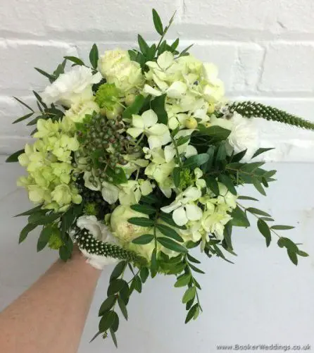 Ivory and Greenery Wild Wedding Hand-tied Bridesmaid Bouquet with Spray Roses, Hypericum, Lissianthus, Hydrangea, Burpurlum, Vibernum & Mixed Foliage