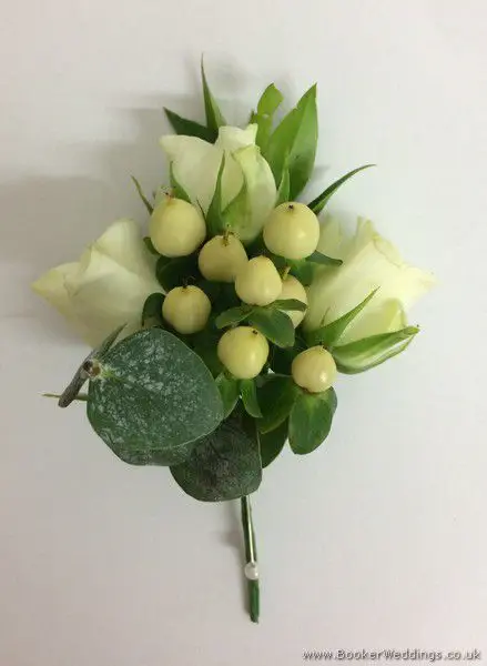 Ivory and greenery Spray Rose and Hypericum Pin Corsage