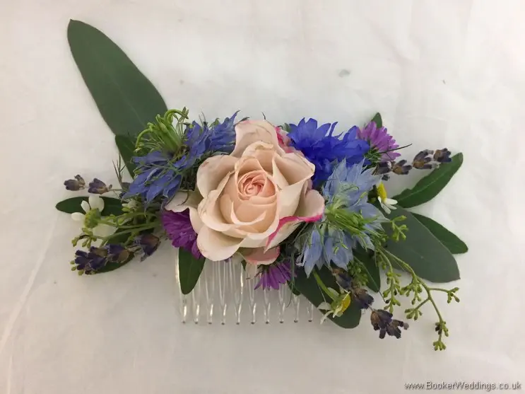 Bridesmaid Hair Comb decorated with Tanacetum, Aster, Cornflower, Nigela, spray roses, Lavender, Eucalyptus