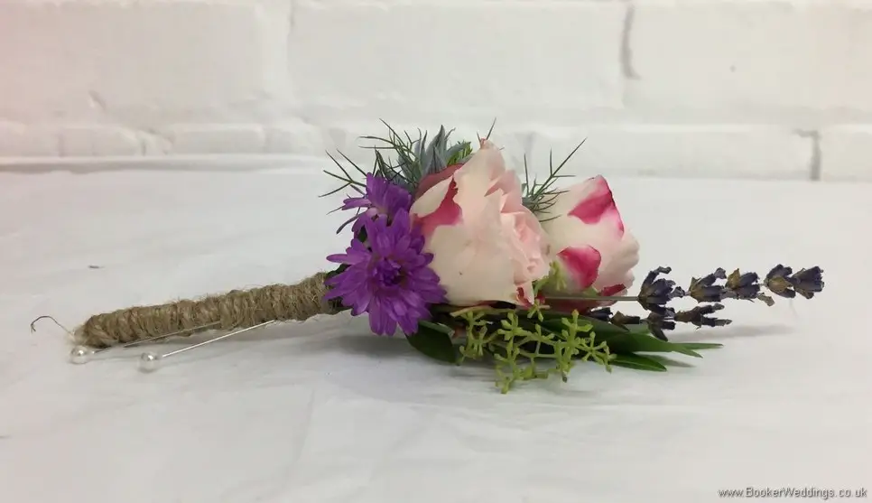 Just picked country rustic style Buttonhole with spray rose, aster and lavender