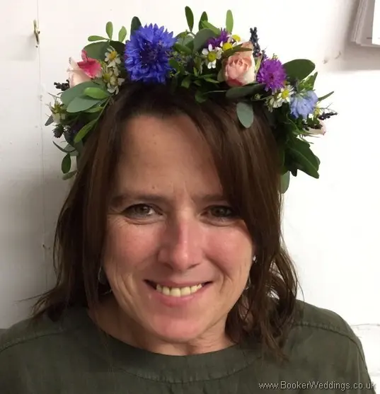 Wild rustic just picked Bridal Head Crown with Tanacetum, Aster, Cornflower  Nigela, spray roses, Dragons, Lavender, Eucalyptus