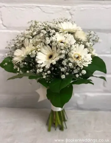 Bride Handtied Bouquet of Gerbera Gypsophila and Salal with Ribbon Handle