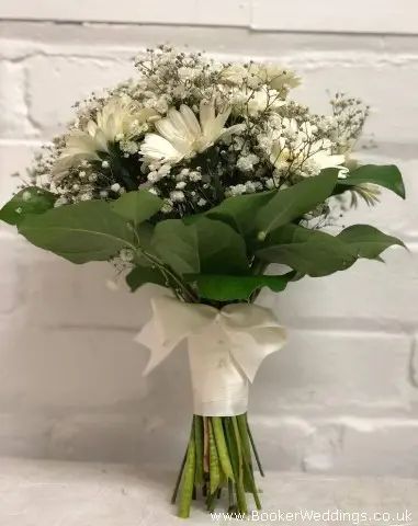 Bride Handtied Bouquet of White Gerbera Gypsy Grass and Salal with Bow