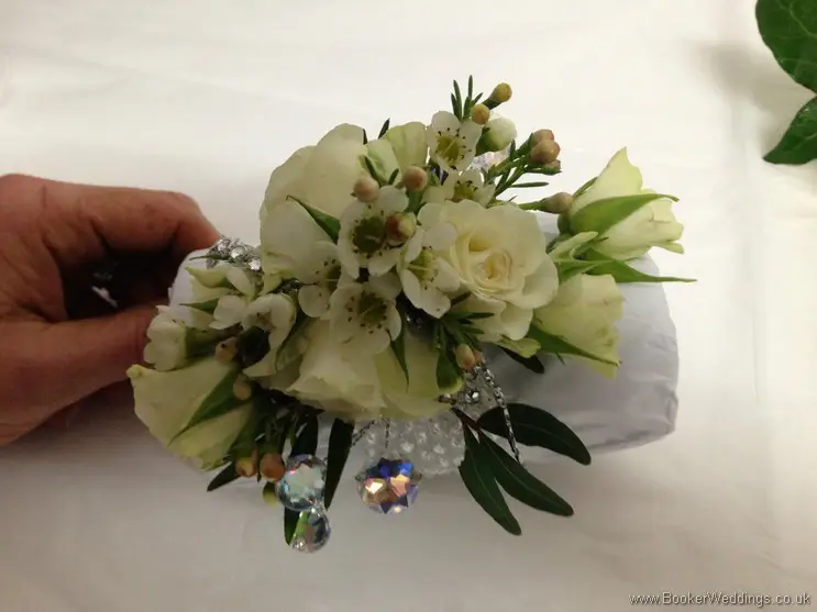 Cream Wedding Wrist Corsage with roses and wax flowers and diamante jewels