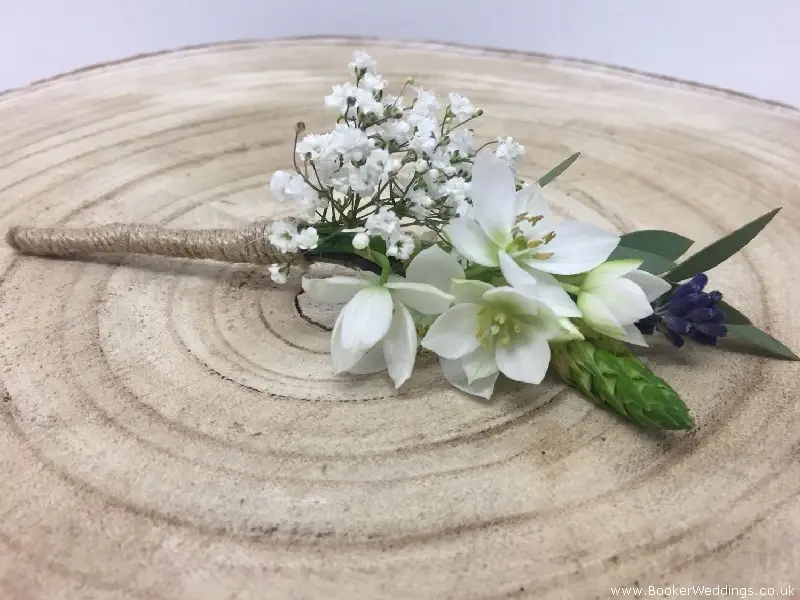 Rustic Wedding Buttonhole Using Chincherinchee Lavender and Gyp
