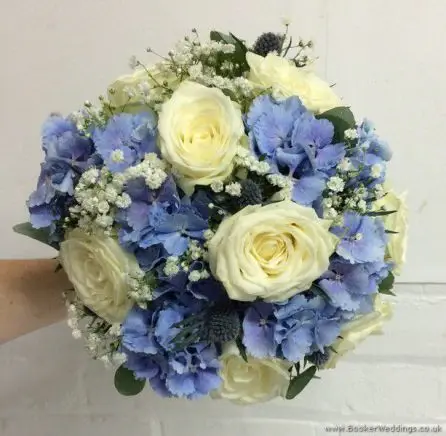 Ivory and Blue Wedding Flowers Hand-tied Bridal Bouquet with Roses, Pale Blue Hydrangea, Eryngium, Gypsophila and Eucalyptus