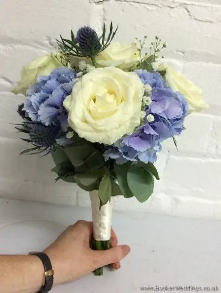 Ivory and Blue Wedding Flowers Hand-tied Bridesmaid Bouquet with Roses, Pale Blue Hydrangea, Eryngium, Gypsophila and Eucalyptus Side View