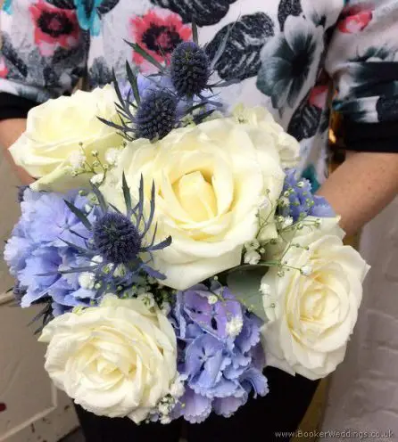 Ivory and Blue Wedding Flowers Hand-tied Bridesmaid Bouquet with Roses, Pale Blue Hydrangea, Thistle, Gypsy Grass and Eucalyptus