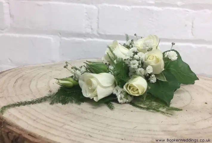 Ladies Corsage of White Spray Roses and Gypsy Grass