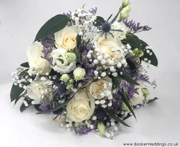 Semi-Wild Bride Handtied of White Roses and Eryngium