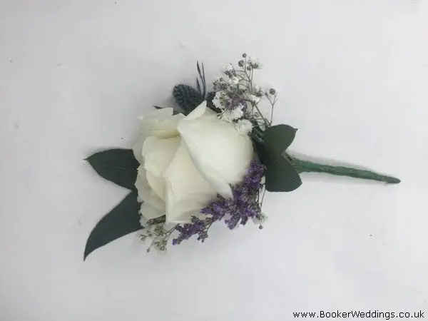 White Avalanche Rose Gyp and Eryngium Buttonhole