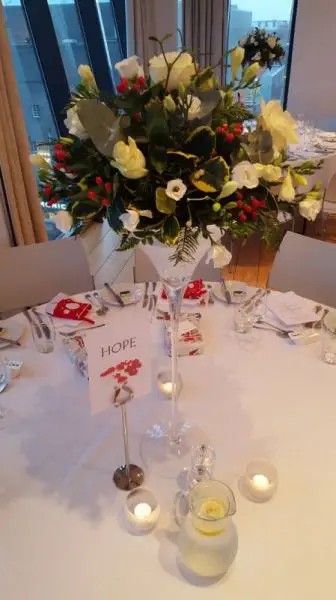 Martini Glass Table Centrepiece Arrangement White roses and Red Hypericum 2