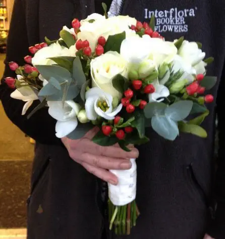 White Rose and Red Hypericum Brides Bouquet Wedding Bouquet - Side