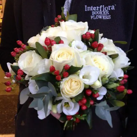 White Rose and Red Hypericum Brides Bouquet Wedding Bouquet