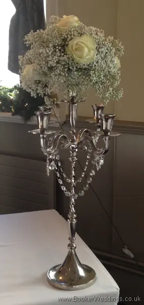 All White Rose and Gypsophila Tall Candelabra Centrepiece  at The Racquet Club