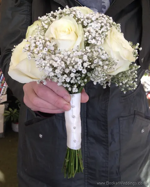 All White Rose and Gysophila Bridesmaid Bouquet Side View