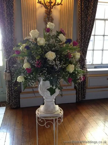 Large Urn Arrangements in Spring Mix Pinks Purples and Blues with Ivory rose, purple tulips, blue hyacinth, gypsy grass, pink bouvardia