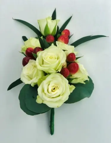 Winter Wedding Corsage White Roses and Hypericum Berries