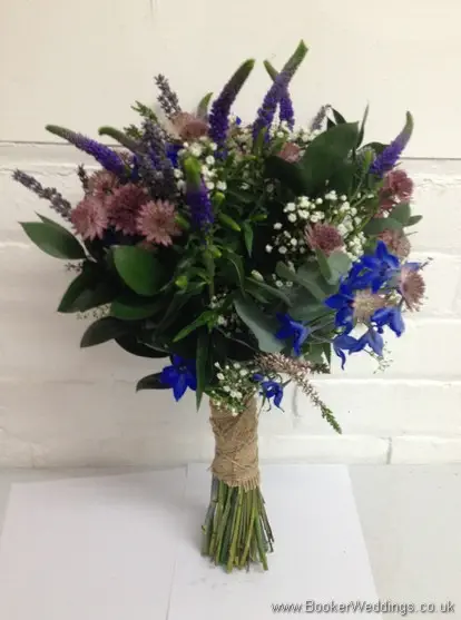 Wild Flowers Just Picked of Blues and Pinks Bridal Bouquet of Astrantia, Veronica, Eryngium and Gypsy Grass Side View