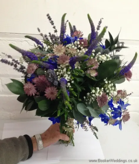 Wild Flowers Just Picked of Blues and Pinks Bridal Bouquet of Astrantia, Veronica, Eryngium and Gypsy Grass Tilted View