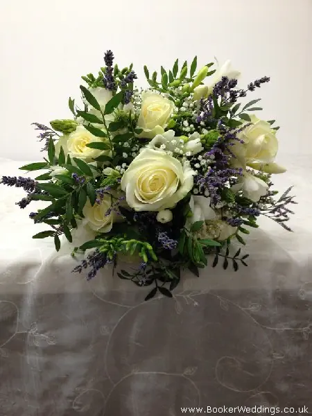 Semi-wild Bridal Bouquet with white roses, freesia, chinnies, lavender, gypsophila and limonium