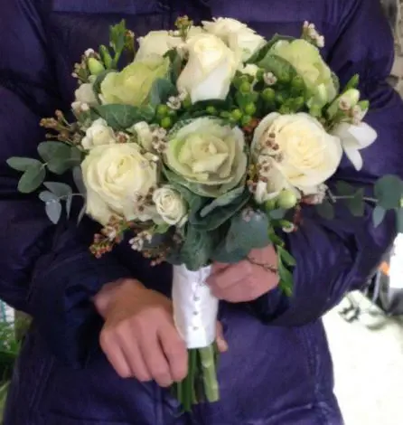 Green and White Brides Wedding Bouquet Brassica Rose and Hypericum Side