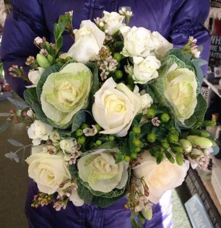 Green and White Brides Wedding Bouquet Brassica Rose and Hypericum