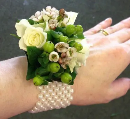 Green and White Rose and Hypericum Wrist Corsage Side