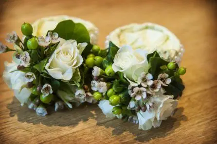 Green and White Wrist Corsages