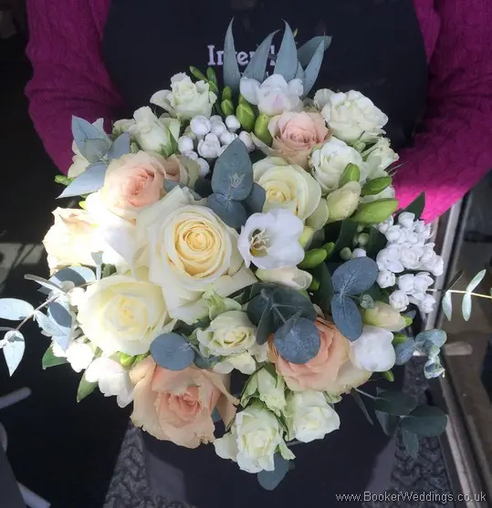 Rose gold Quicksand Roses, Avalanche roses, Freesia, Bouvardia Semi Wild Hand Tied Bridal Bouquets