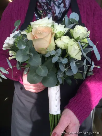 Rose gold Quicksand Roses, Avalanche roses, Freesia, Bouvardia Semi Wild Hand Tied Bridesmaid Bouquet Side View
