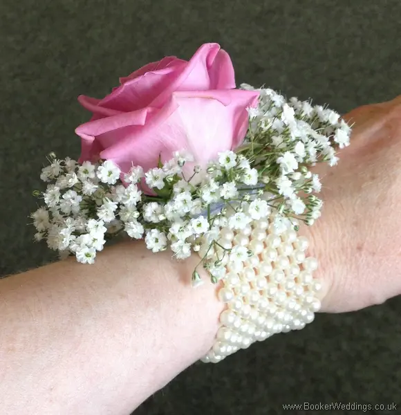 Pink Rose and Gypsophila Wrist Corsage Side View