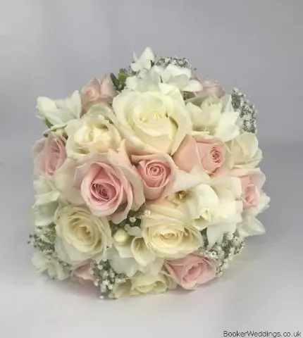Bride Handtied Pink and White Roses Freesia and Gyp