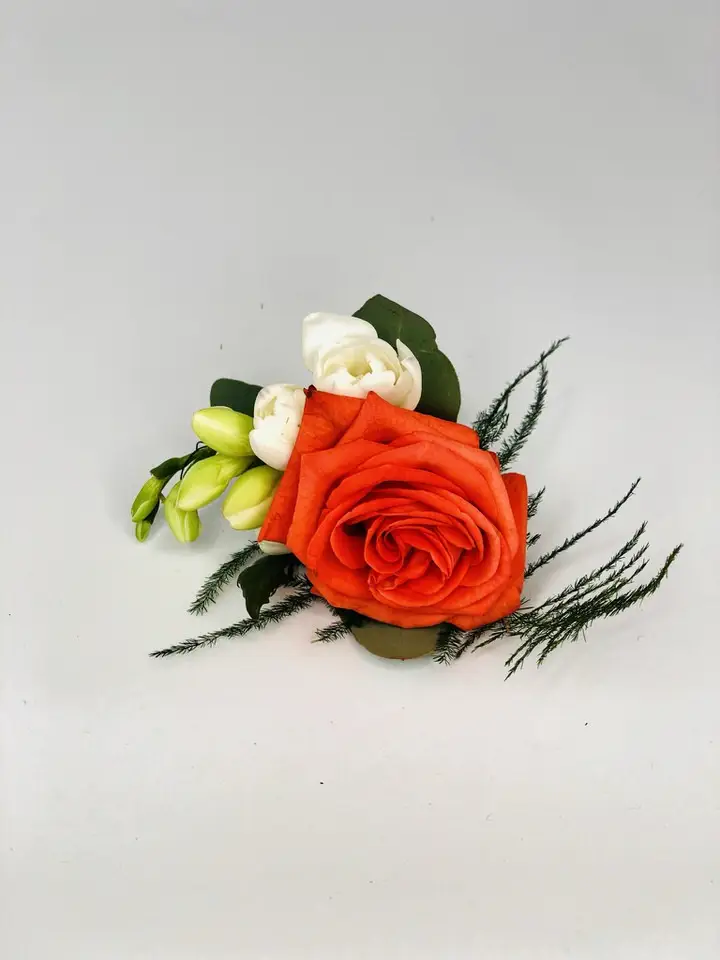 Groom Orange Rose and White Freesia Buttonhole