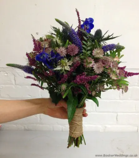 English Garden Flowers Bridal Bouquet with Blue Delphinium, Eryngium, Heather, Astrantia, Purple Veronica & Nigella Side View
