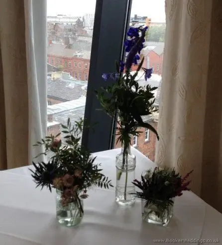 English Garden Flowers in Jam Jars Reception Table Decorations at The Hope Street Hotel, Liverpool