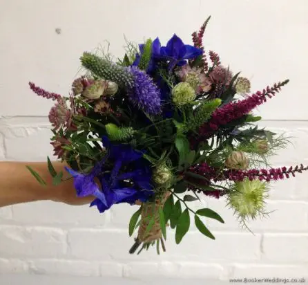 English Garden Just Picked Flowers Bridesmaid  Bouquet with Blue Delphinium, Eryngium, Heather, Astrantia, Purple Veronica & Nigella